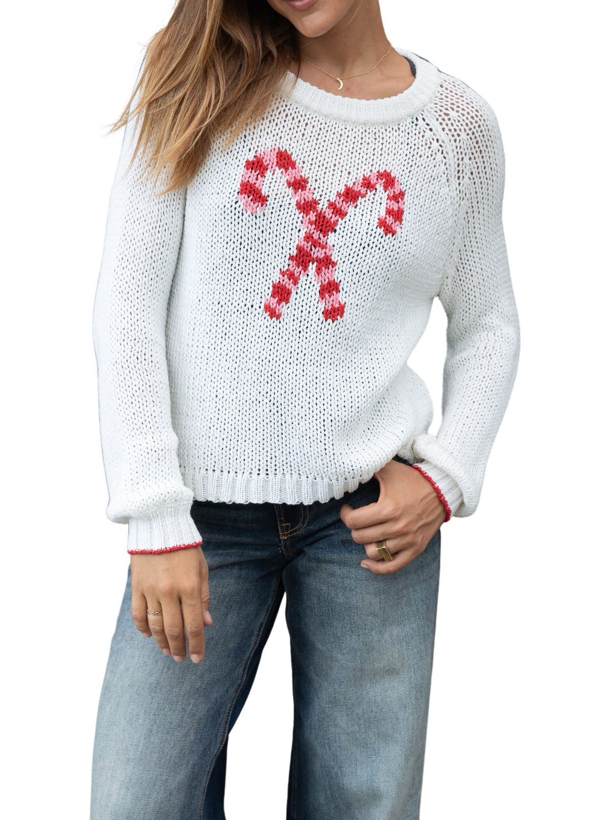 Wooden Ships Candy Cane Crew Chunky Cotton Sweater in White/Red/Pretty Pink