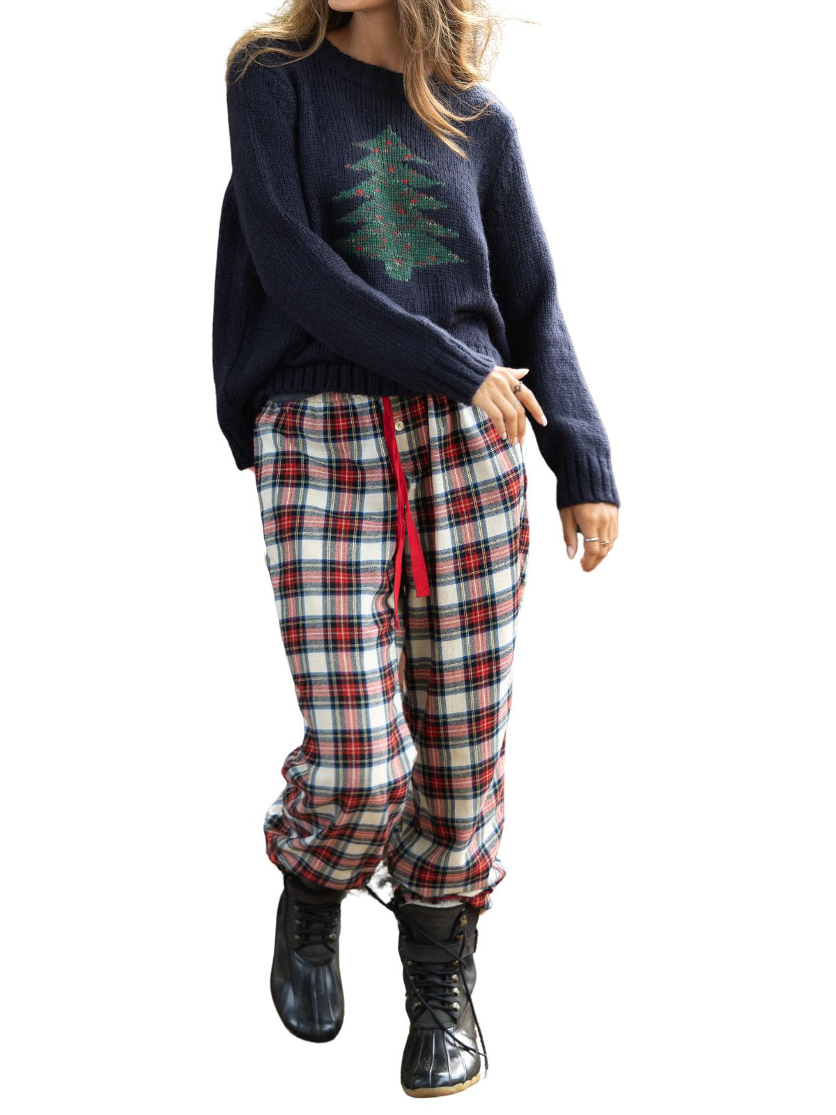 Wooden Ships Christmas Tree Crew Chunky Knit Sweater in Night Navy/Gemstone Pine Heather