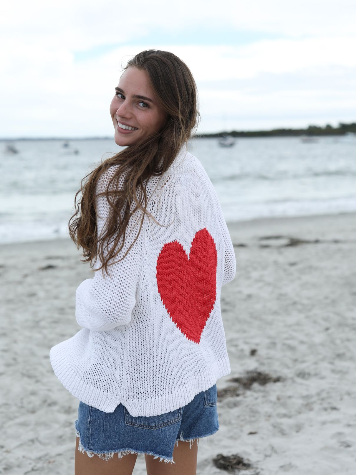 Wooden Ships Heart Back Chunky Cardi in Breaker White/Apple Red  Cotton