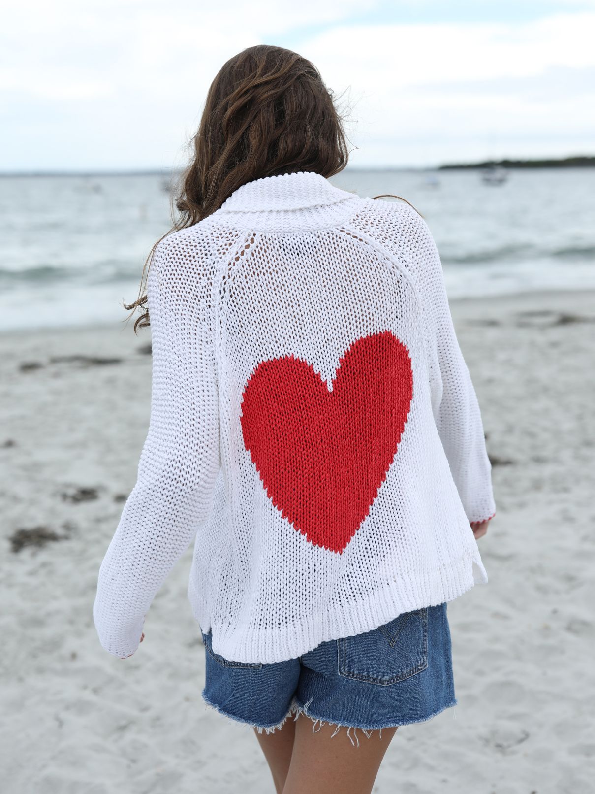 Wooden Ships Heart Back Chunky Cardi in Breaker White/Apple Red  Cotton