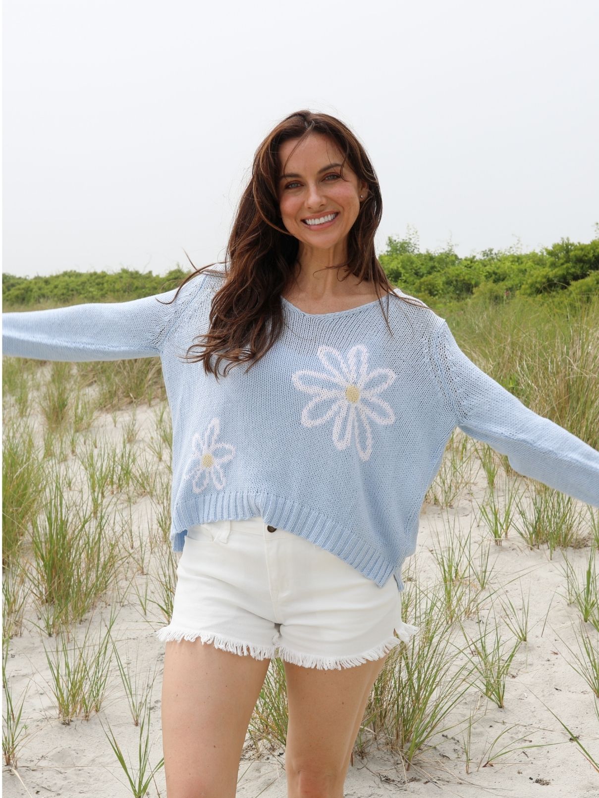 Wooden Ships Meadow L/S Cotton V Sweater in Denim/Breaker White