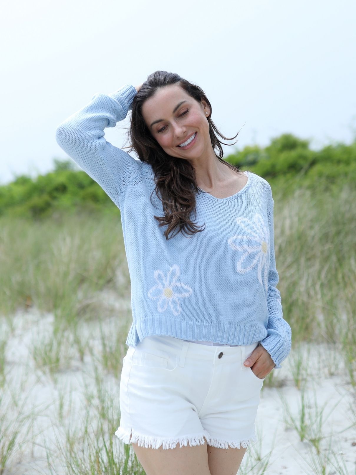 Wooden Ships Meadow L/S Cotton V Sweater in Denim/Breaker White