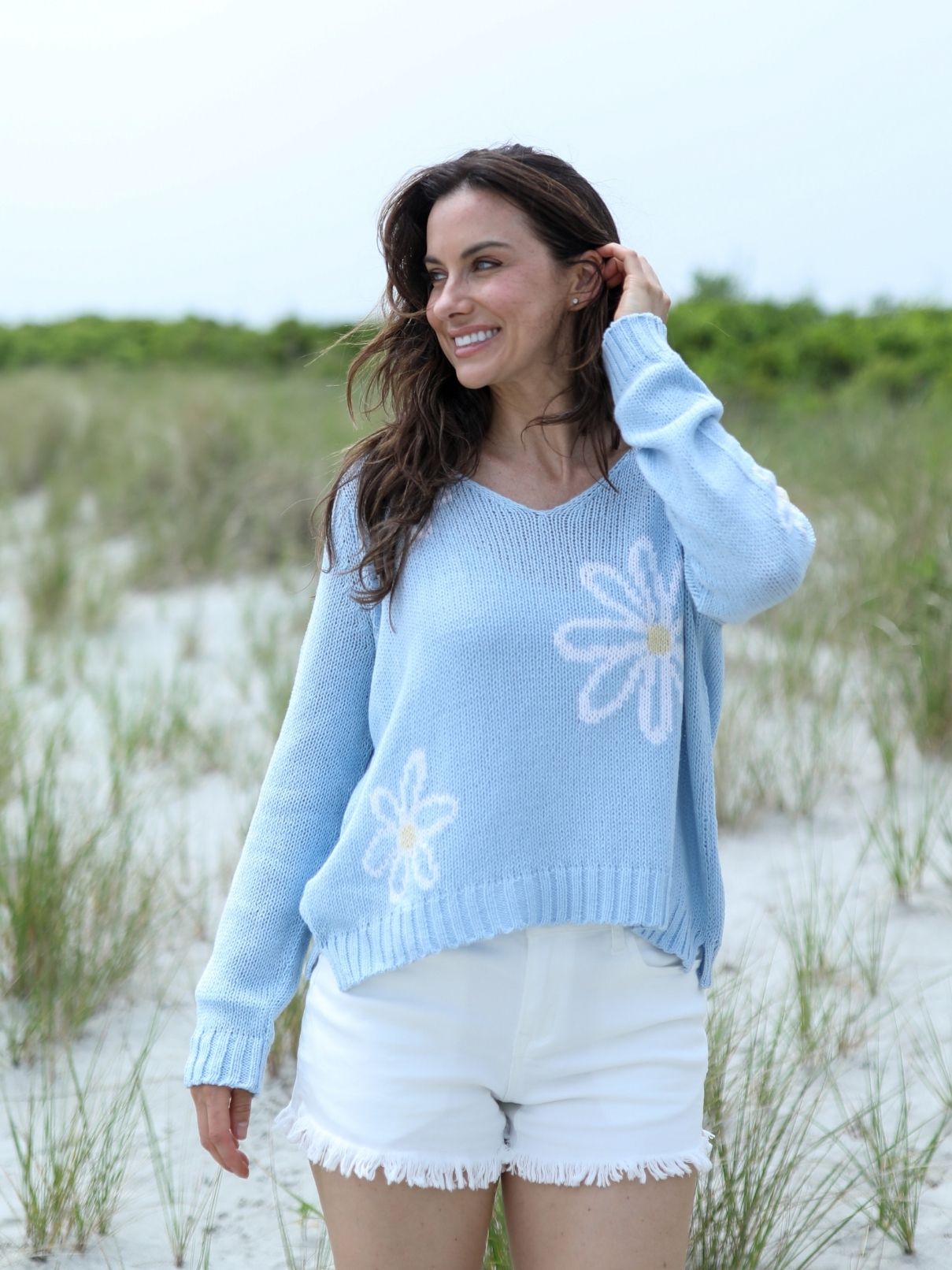 Wooden Ships Meadow L/S Cotton V Sweater in Denim/Breaker White