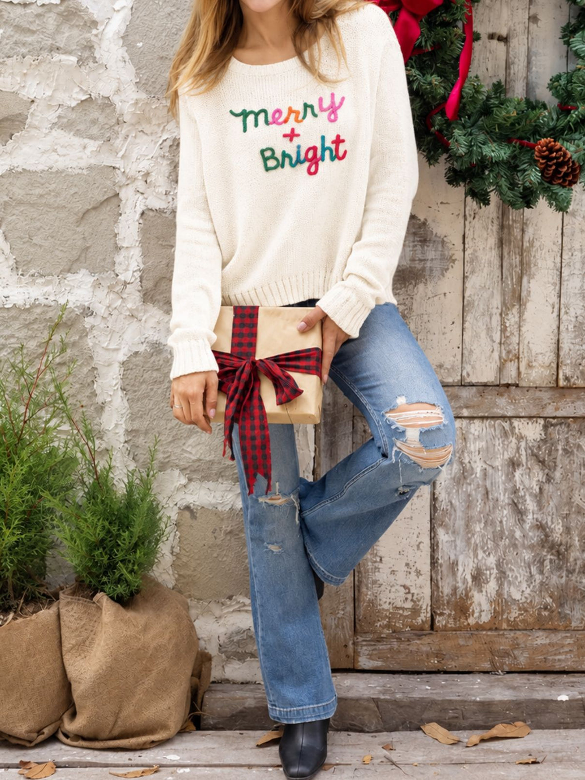 Wooden Ships Merry & Bright Embroidered Crew Cotton Sweater in White Multi