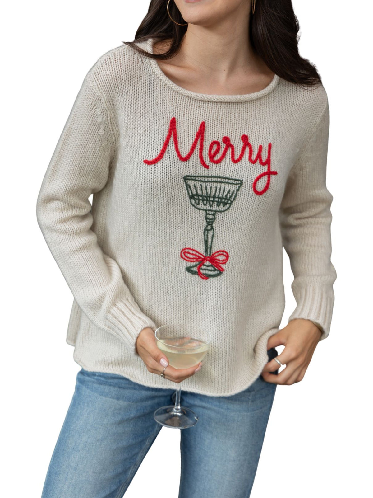 Wooden Ships Merry Cocktail Crew Sweater in Moon/Red/Kale