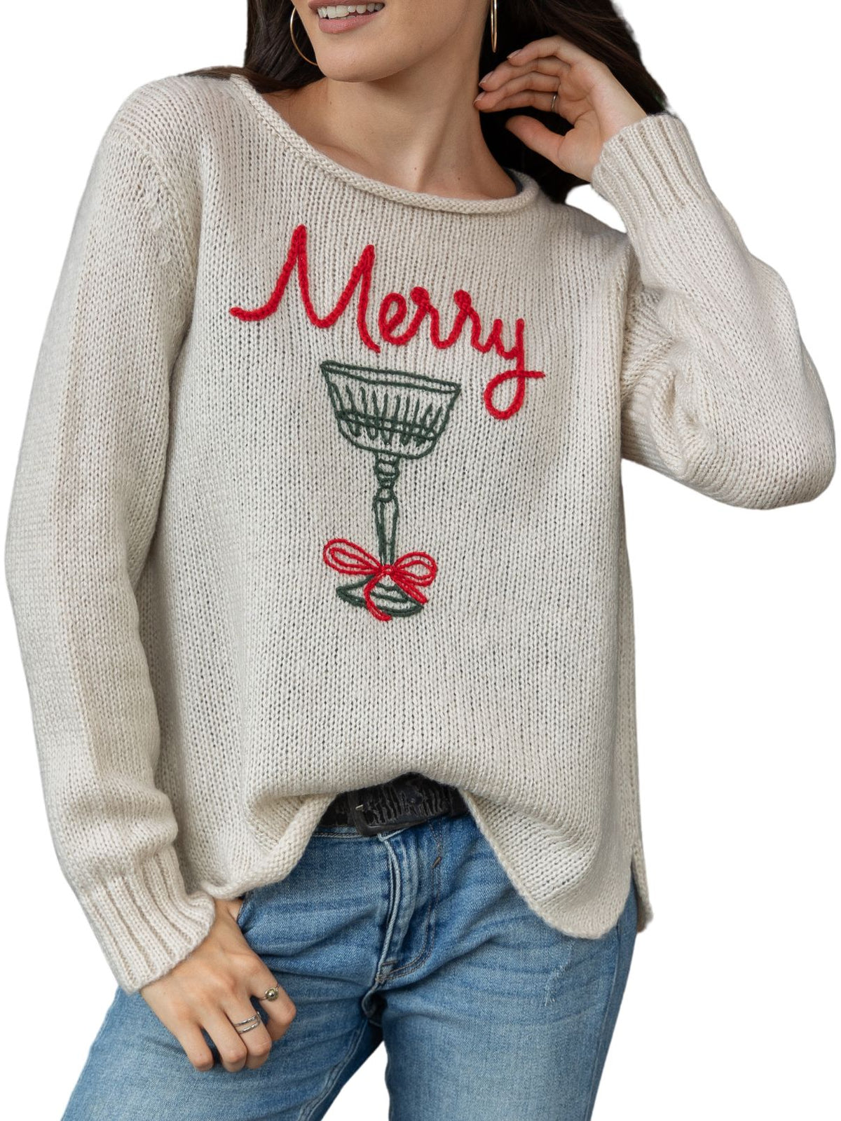 Wooden Ships Merry Cocktail Crew Sweater in Moon/Red/Kale