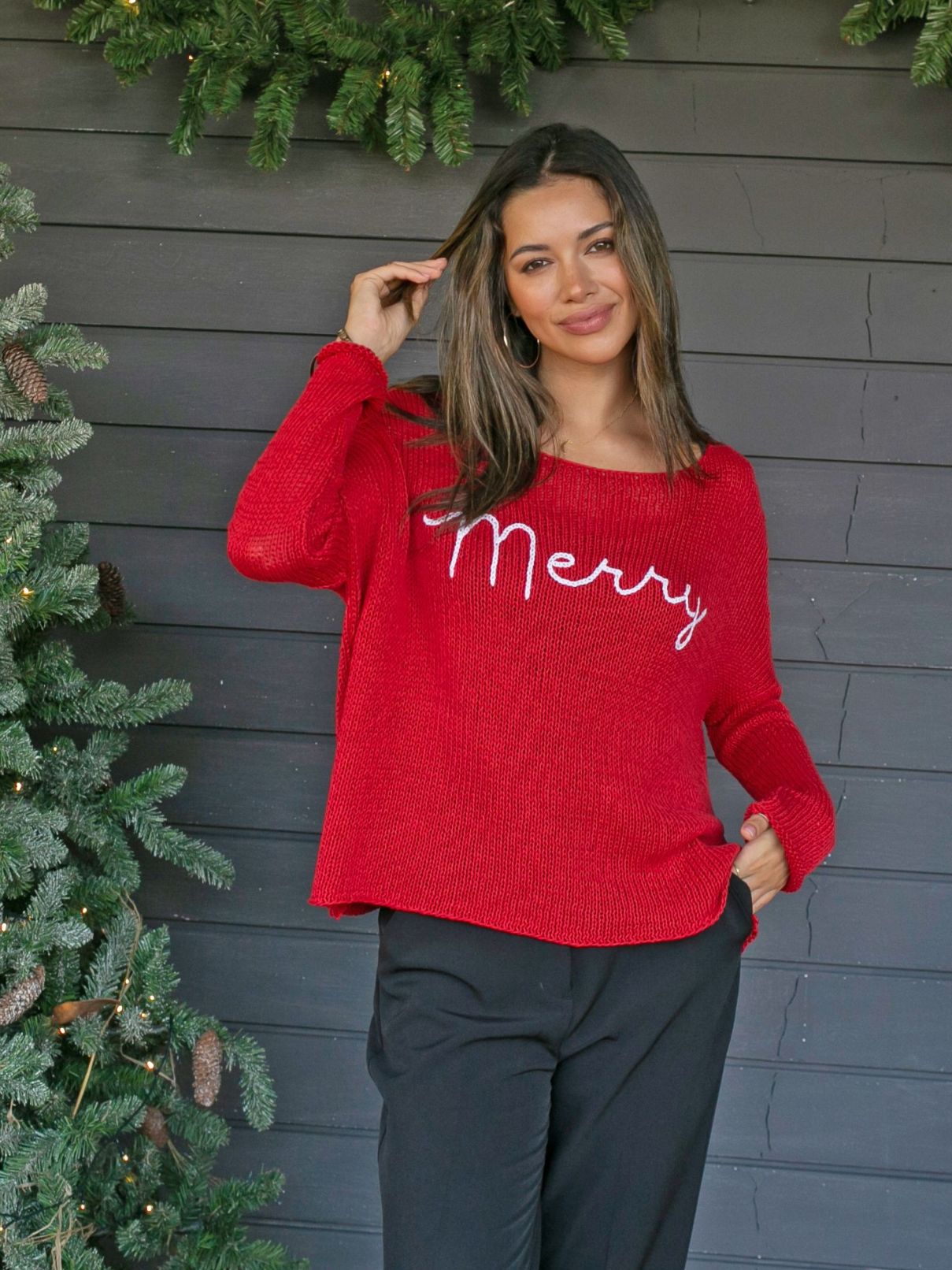 Wooden Ships Merry Embroidered Cotton Crew in Real Red/Breaker White