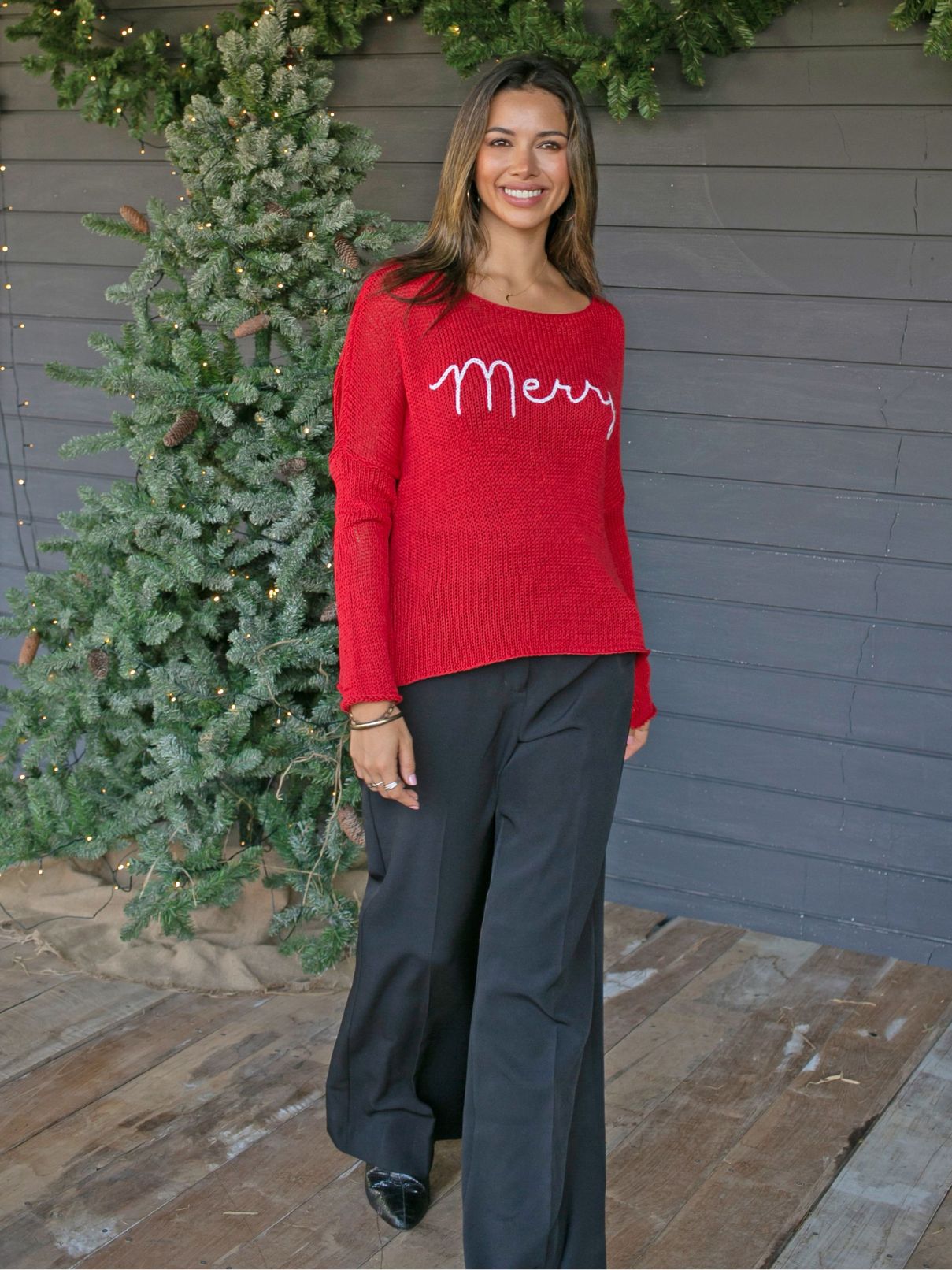 Wooden Ships Merry Embroidered Cotton Crew in Real Red/Breaker White