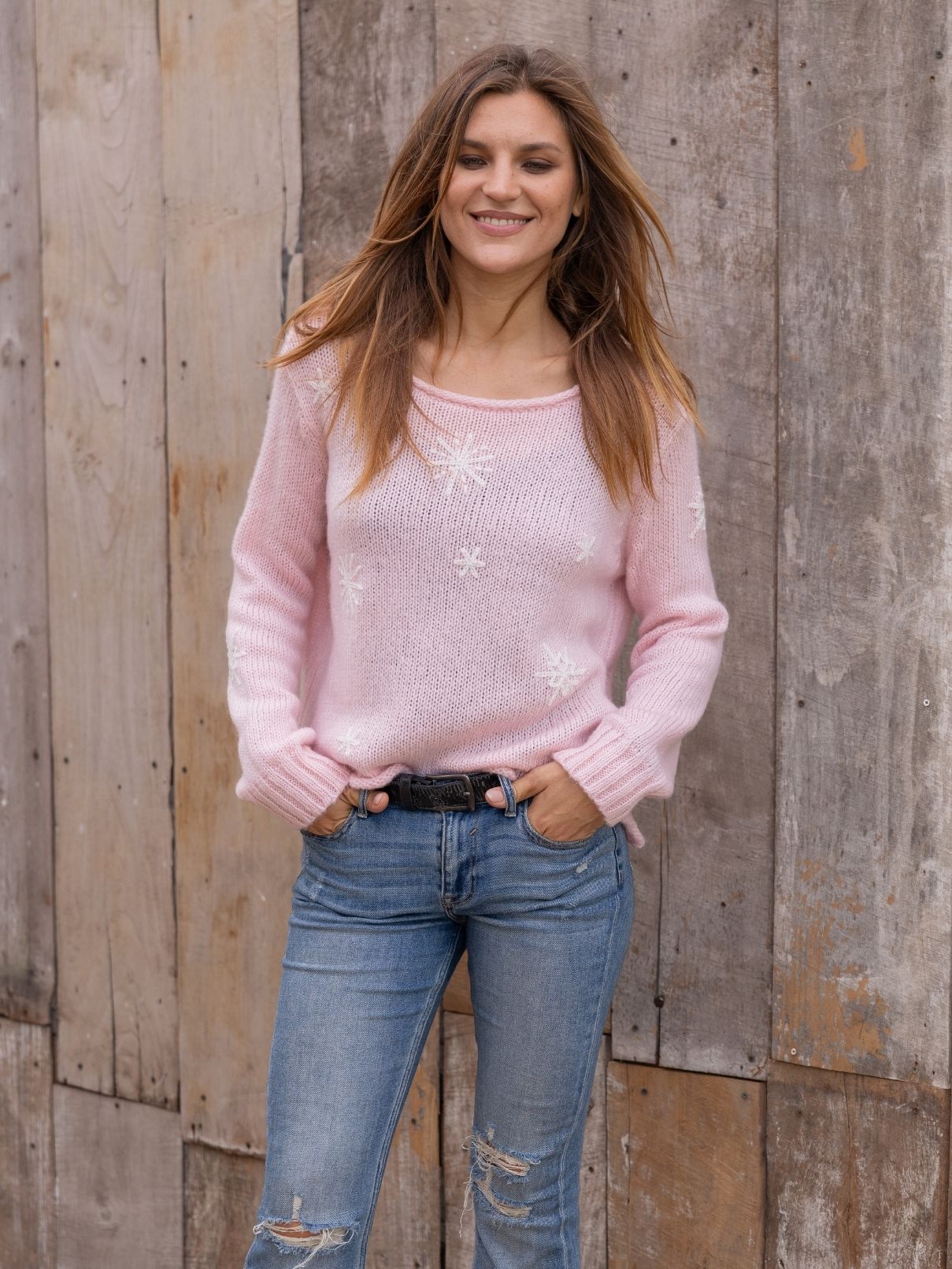 Wooden Ships Mini Snowflake Chunky Crew in Arctic Pink/Pure Snow