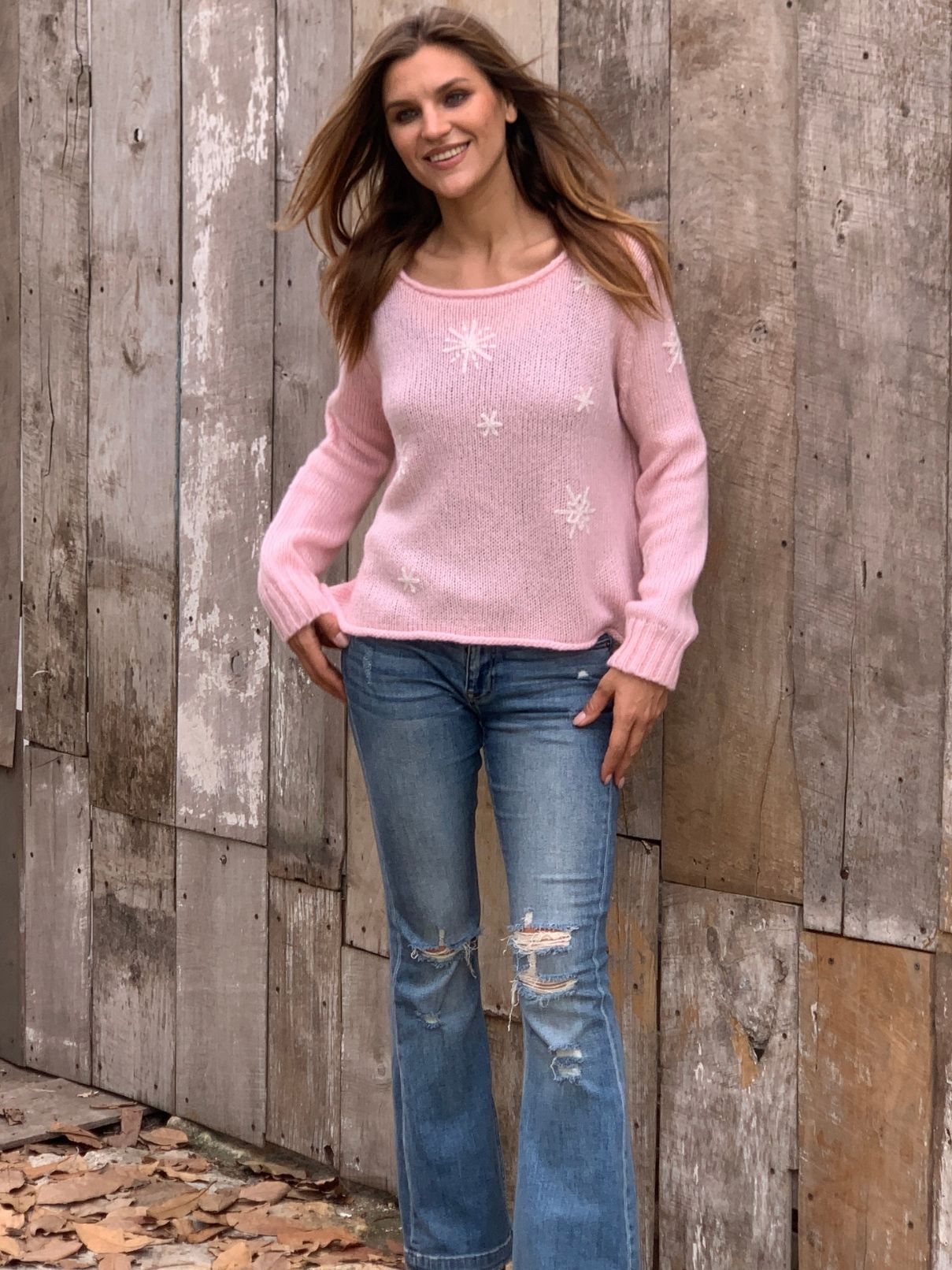 Wooden Ships Mini Snowflake Chunky Crew in Arctic Pink/Pure Snow