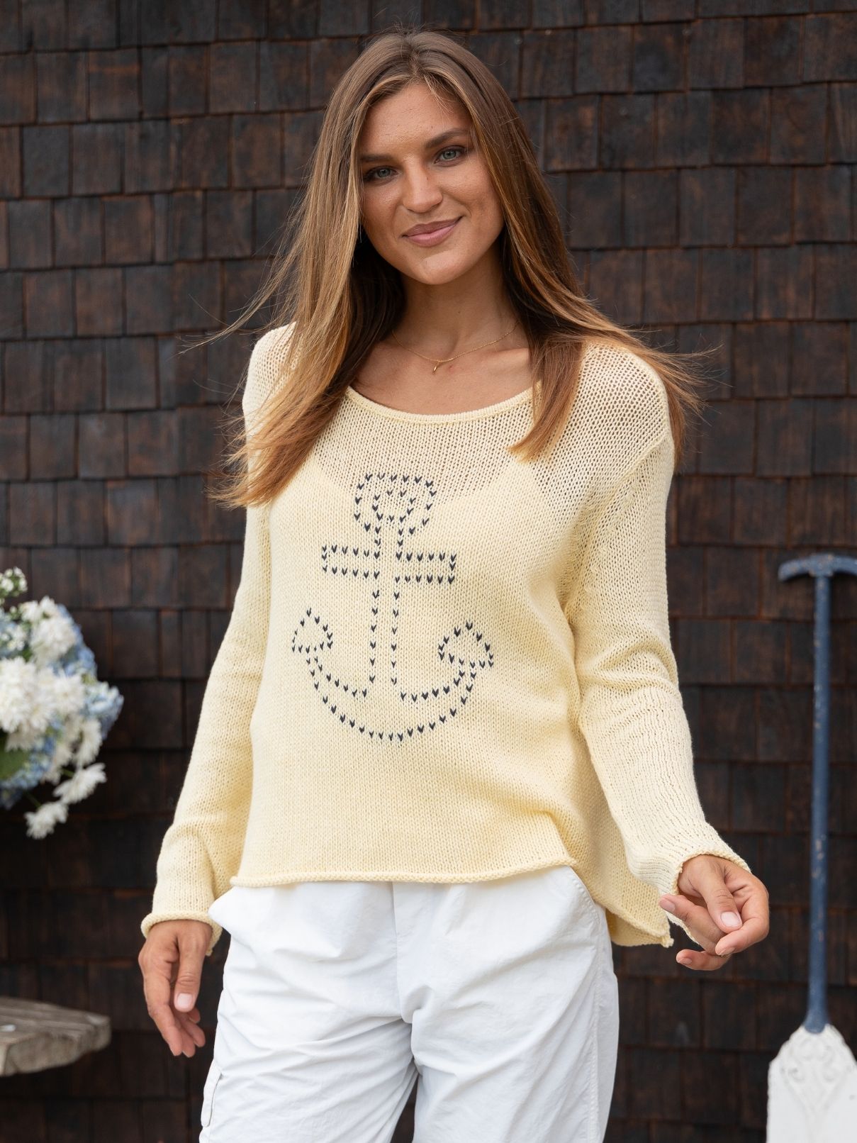 Wooden Ships Stitched Anchor Cotton Crew in Sunlight/Darkest Indigo