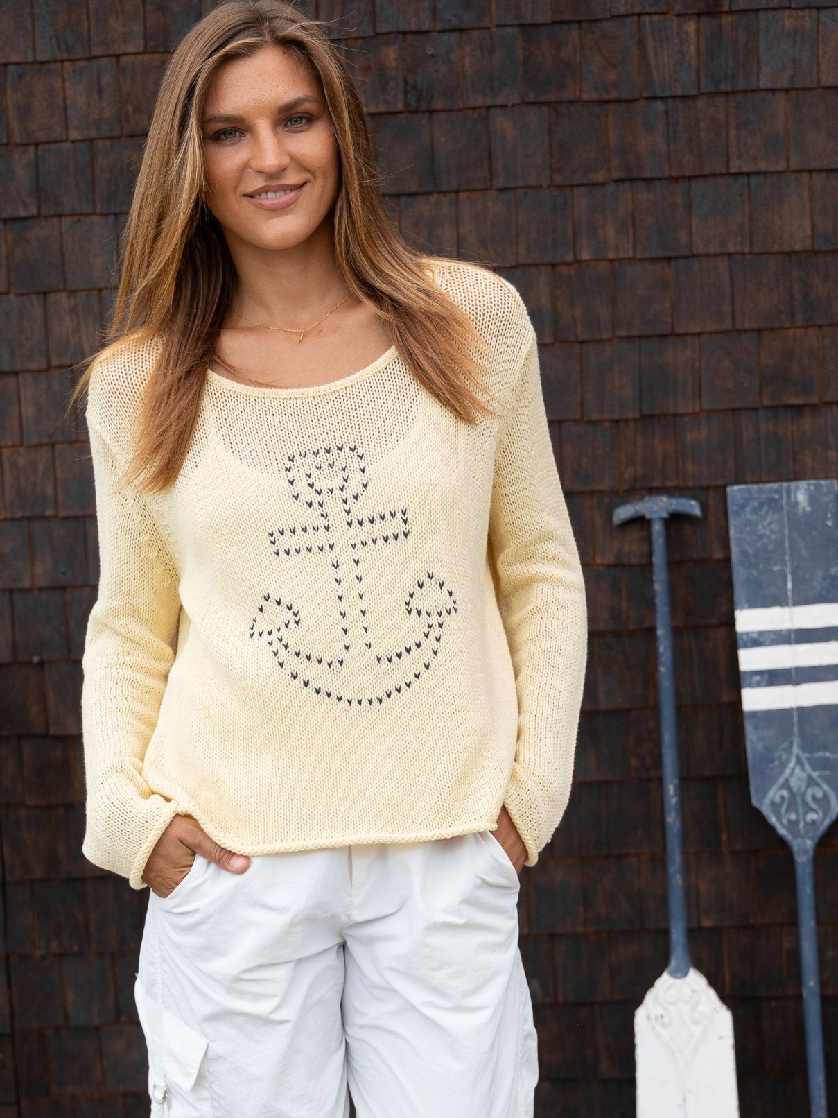 Wooden Ships Stitched Anchor Cotton Crew in Sunlight/Darkest Indigo