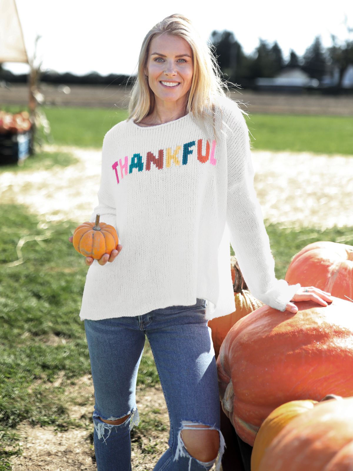 Wooden Ships Thankful Chunky Crew Sweater in Snow Multi