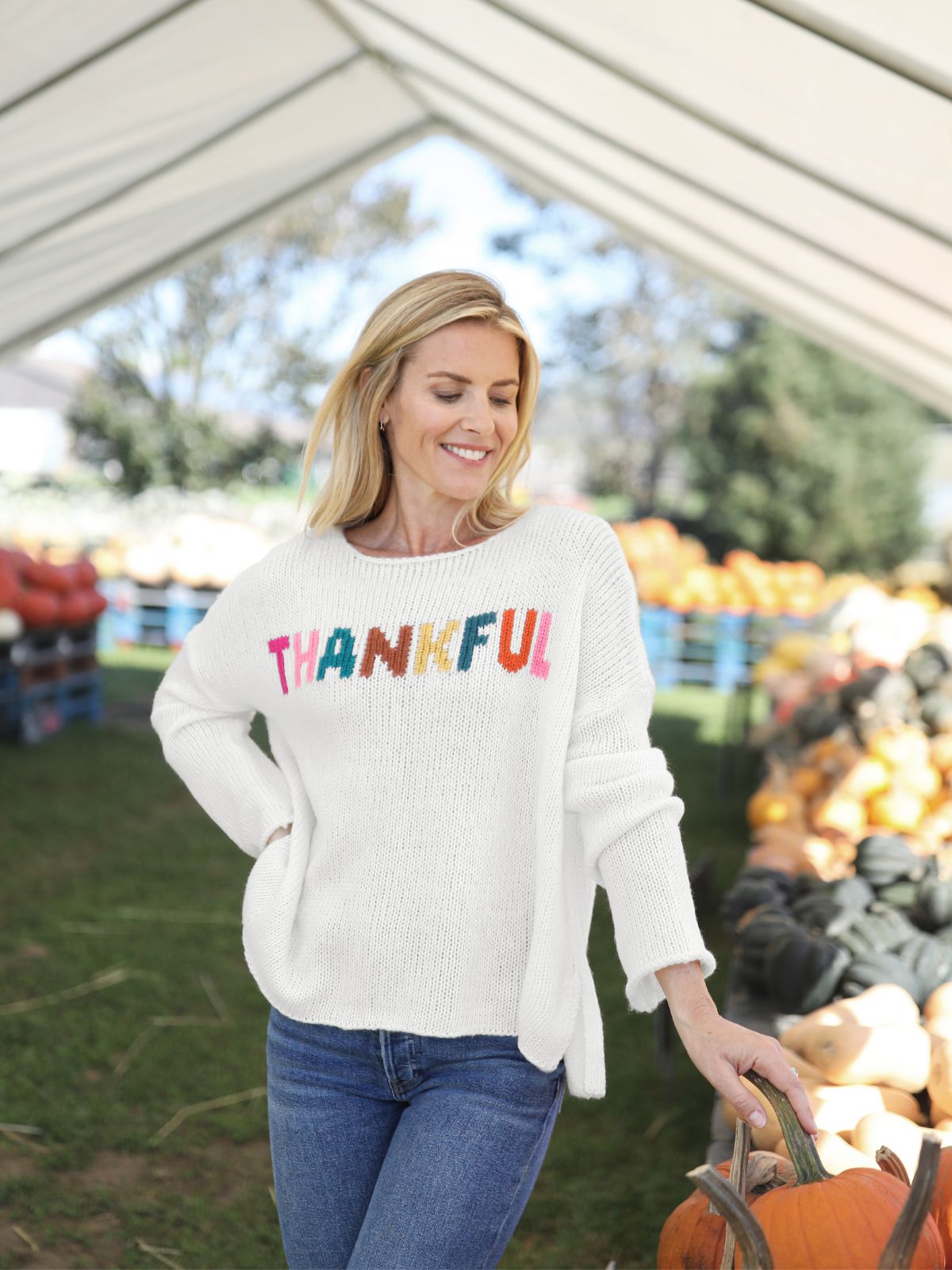 Wooden Ships Thankful Chunky Crew Sweater in Snow Multi