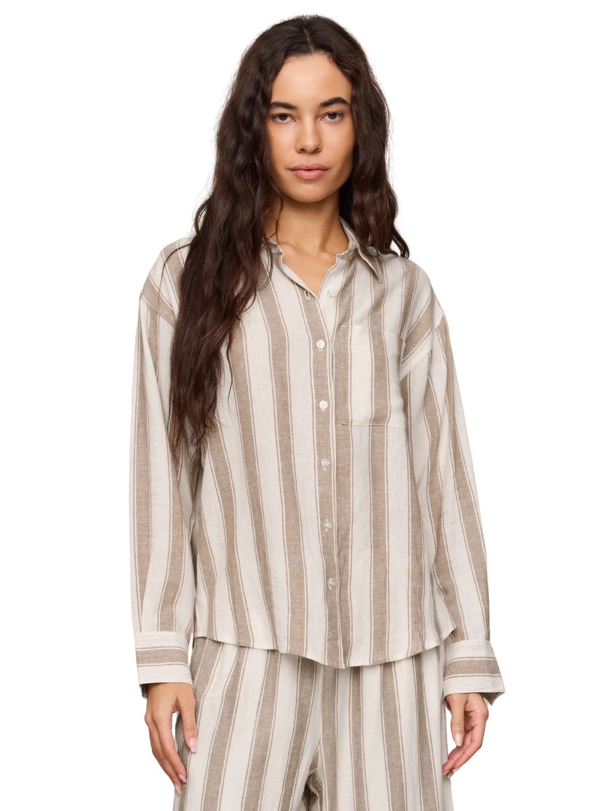 Z Supply Perfect Striped Linen Button Up in Light Toffee