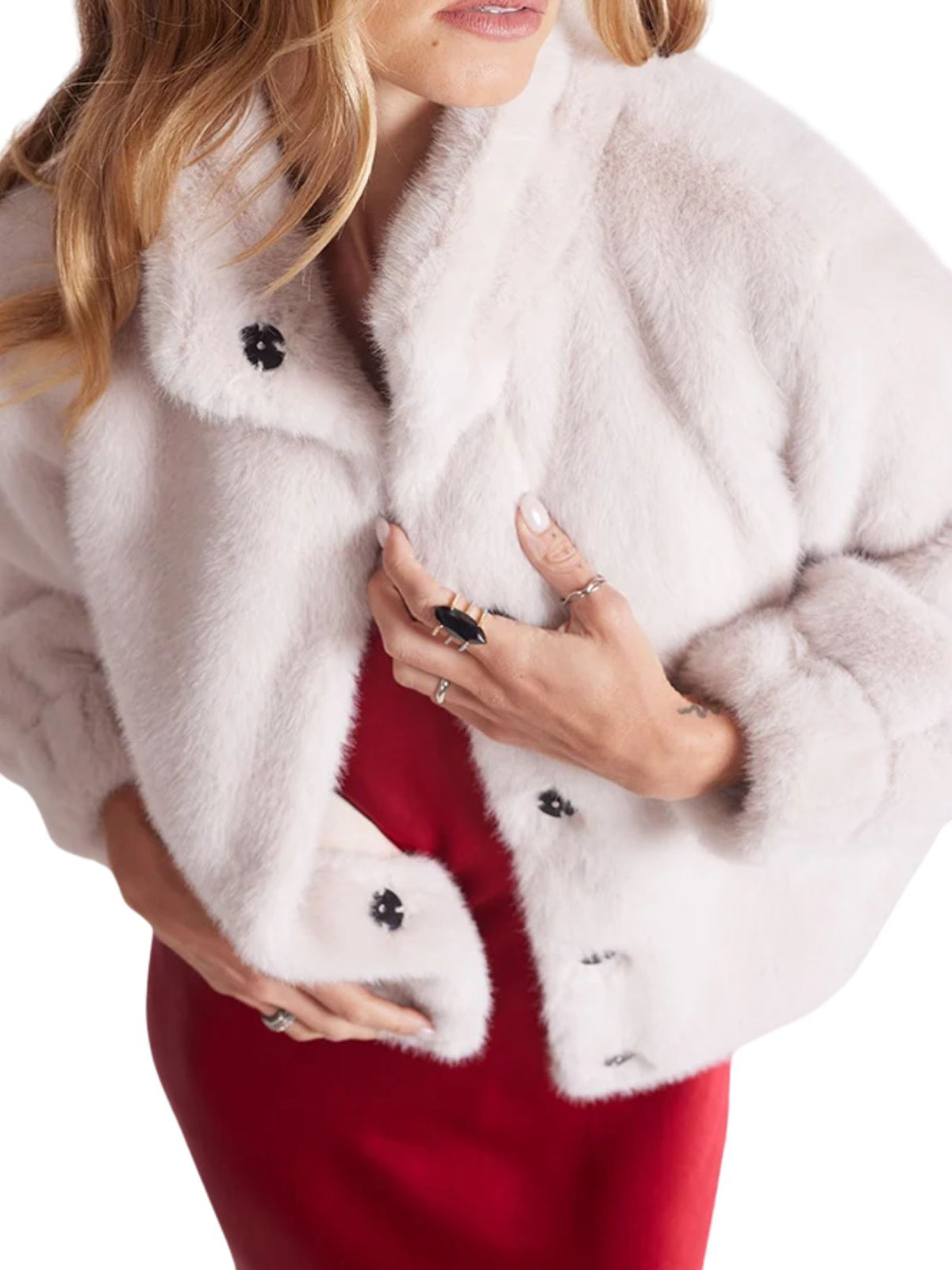 bobi LA Boxy Dinner Faux Fur Jacket in Champagne