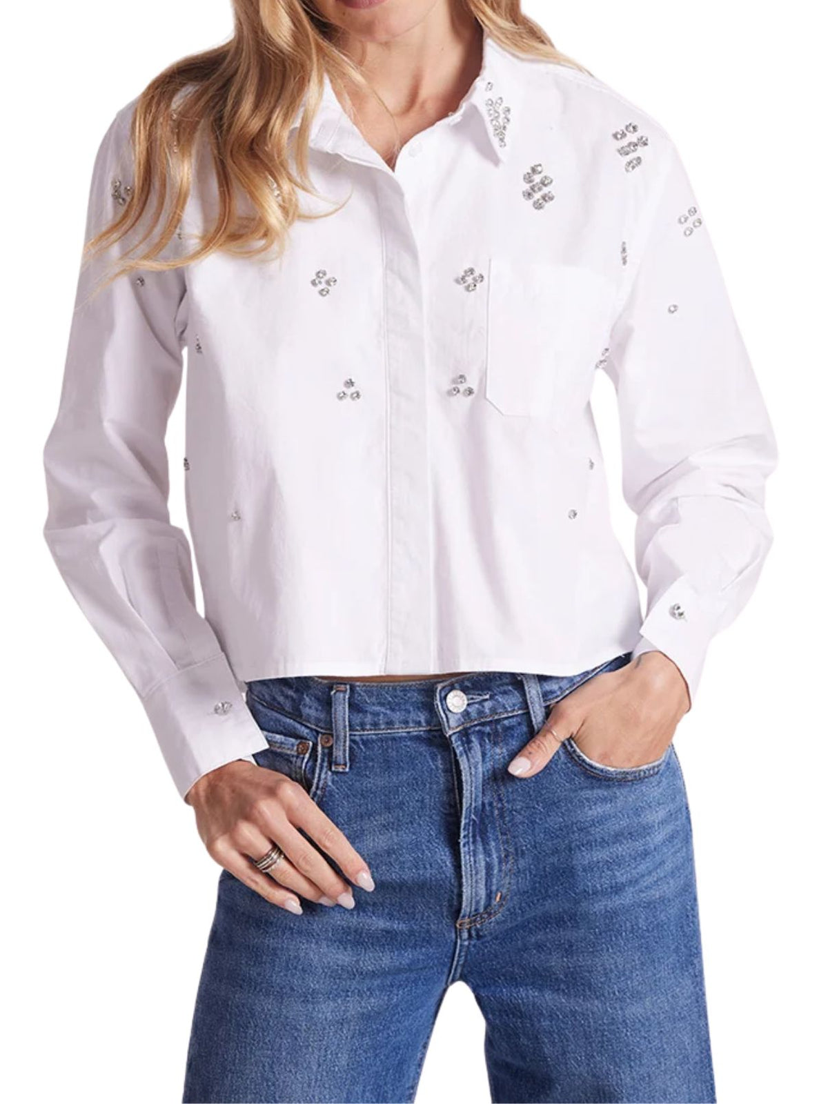 bobi LA Jeweled Rhinestone Button-Up Shirt in White
