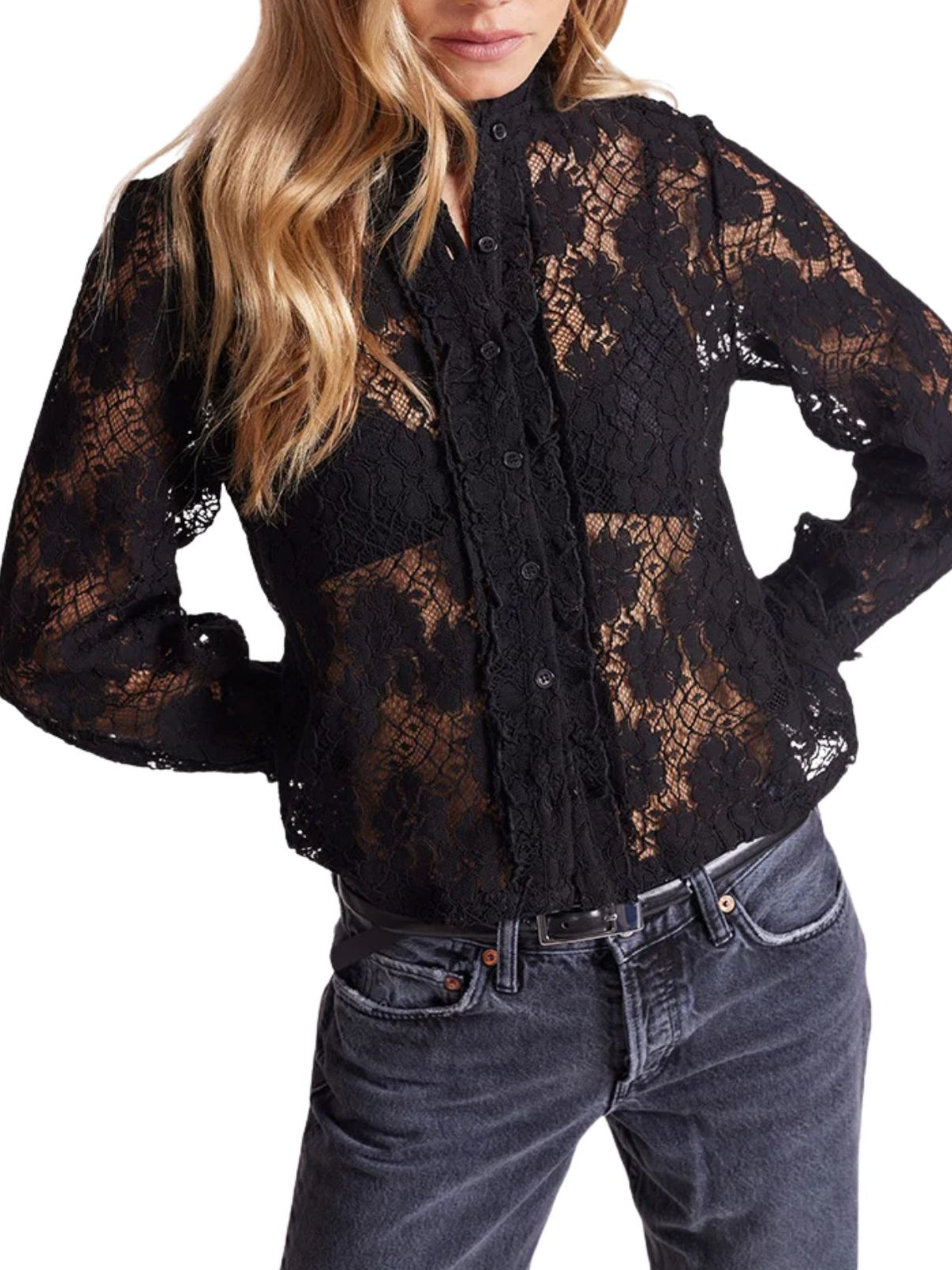 bobi LA Maxine Ruffle Lace Button-Up Blouse in Black