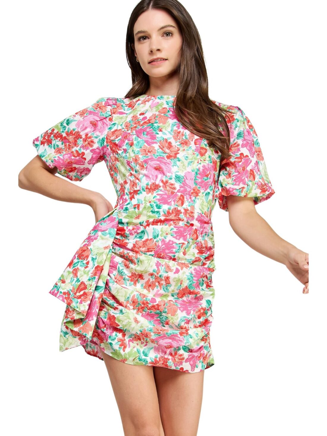 ruched puff sleeve dress in pink floral