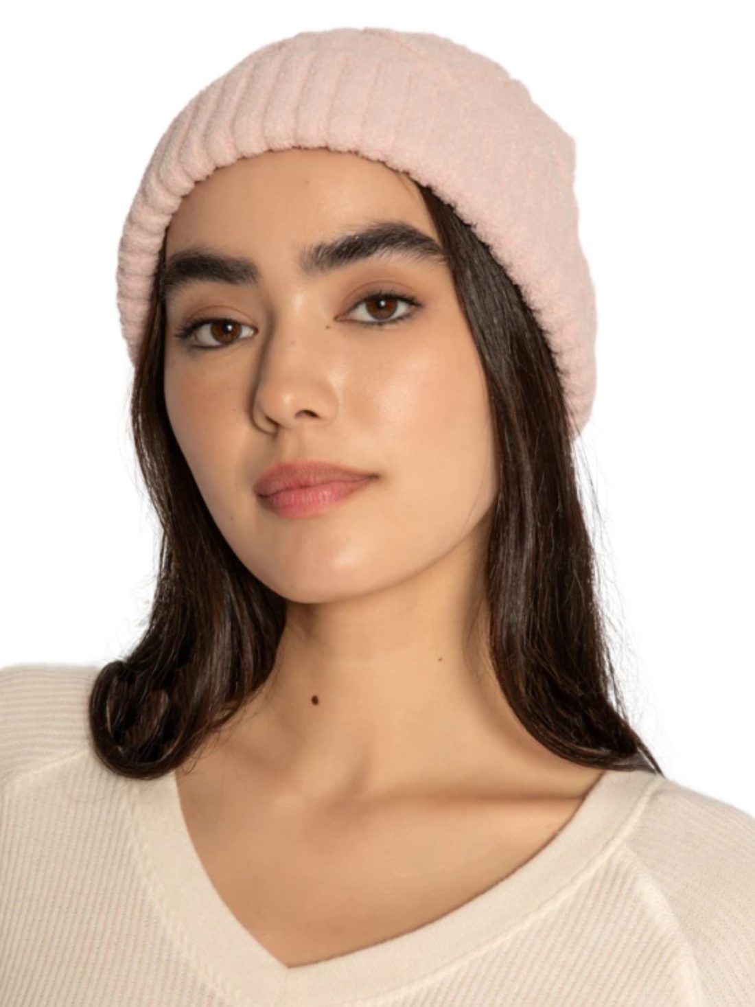 .pj salvage cable knit beanie in pink clay