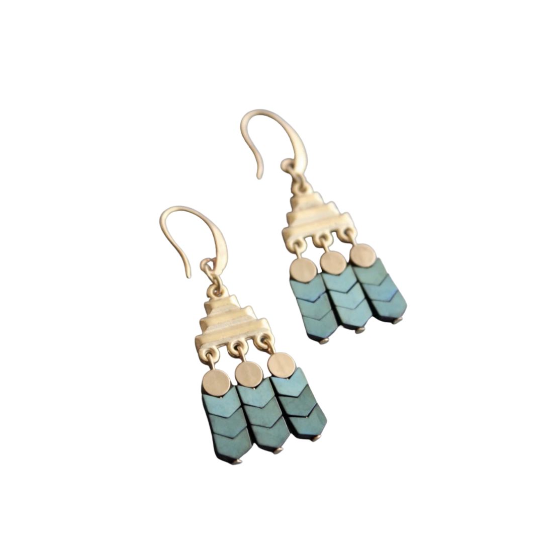 bluegreen hematite and brass earring 111817