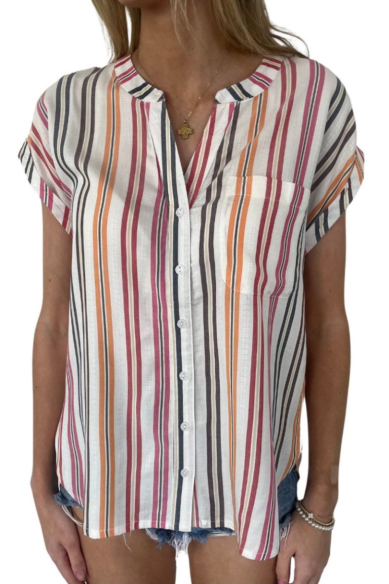 bobi button up roll sleeve shirt in multi stripe