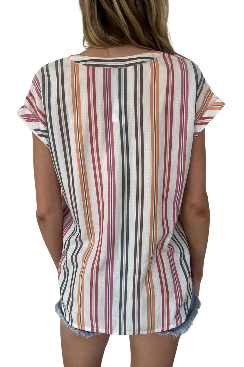 bobi button up roll sleeve shirt in multi stripe