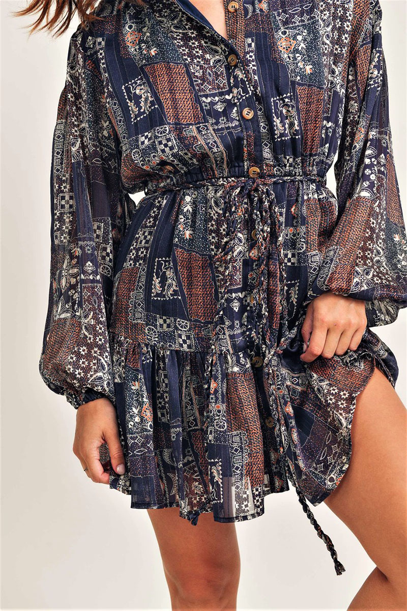 button up dress with belt in navy print 95075