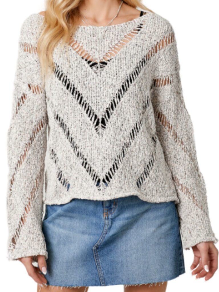 chevron knit pullover sweater in melange grey