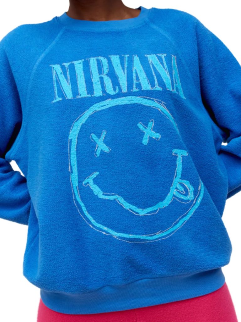 daydreamer nirvana smiley raglan fleece crew in washed cobalt