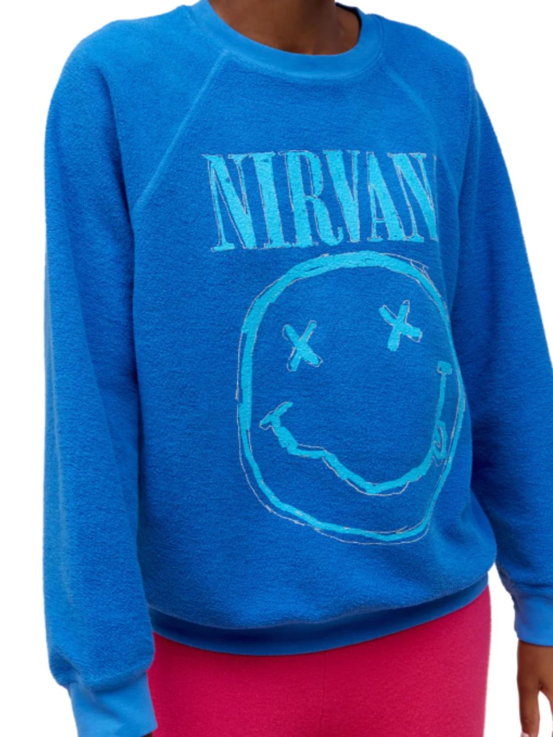 daydreamer nirvana smiley raglan fleece crew in washed cobalt