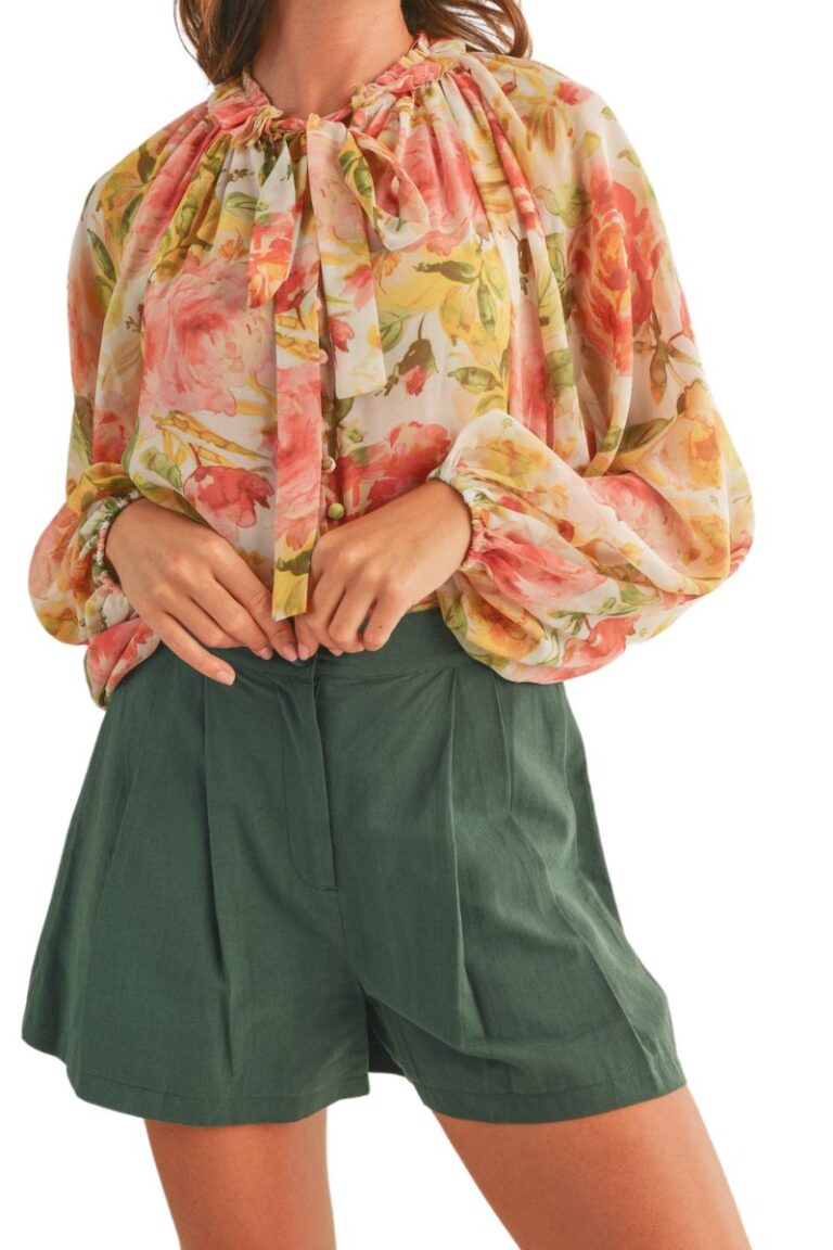 floral button up blouse in pink/yellow