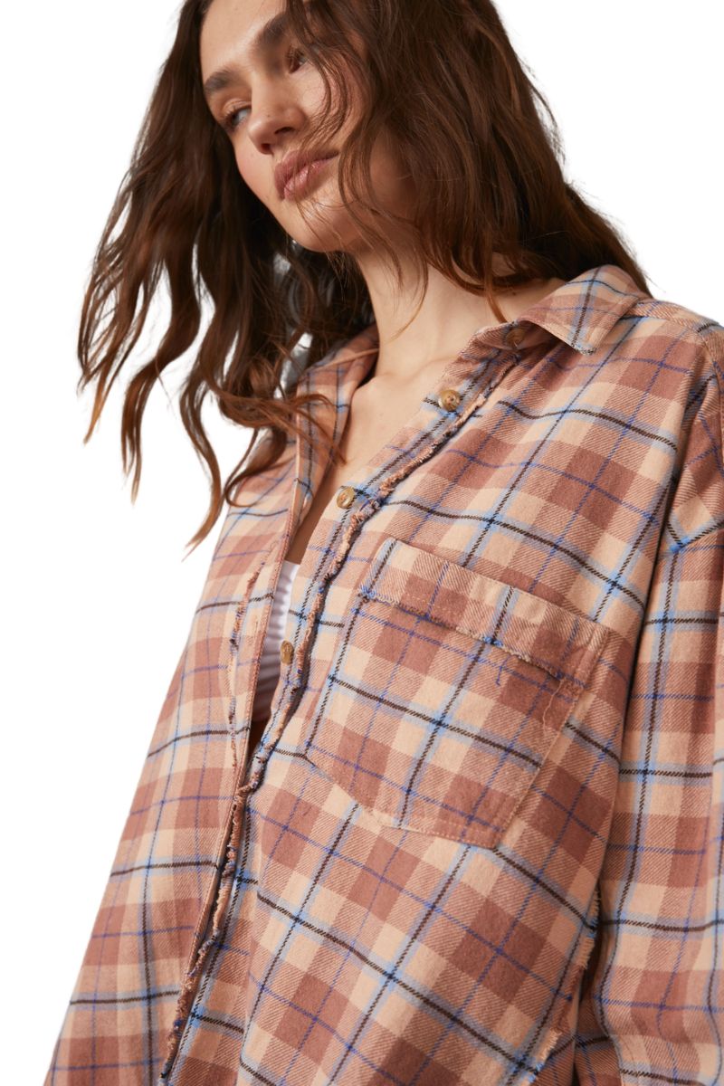 free people happy hour plaid shirt in tan 112332
