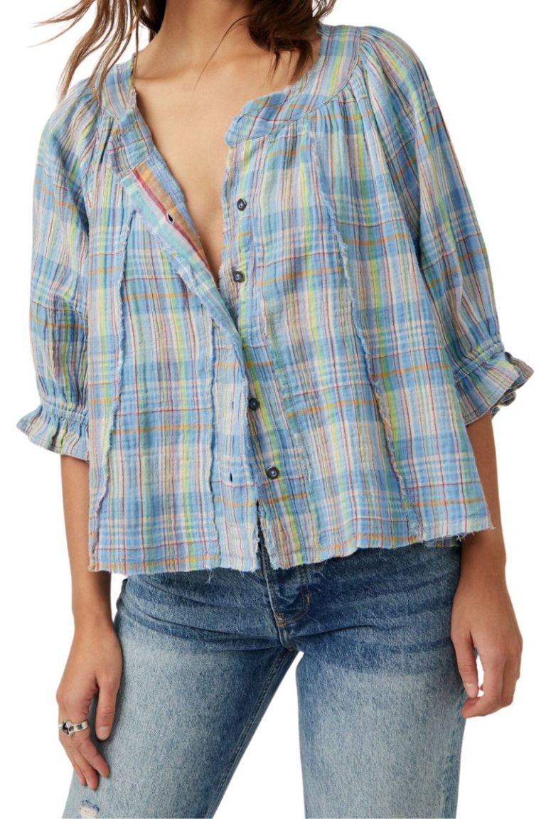 free people lucky swing plaid top in lt blue combo
