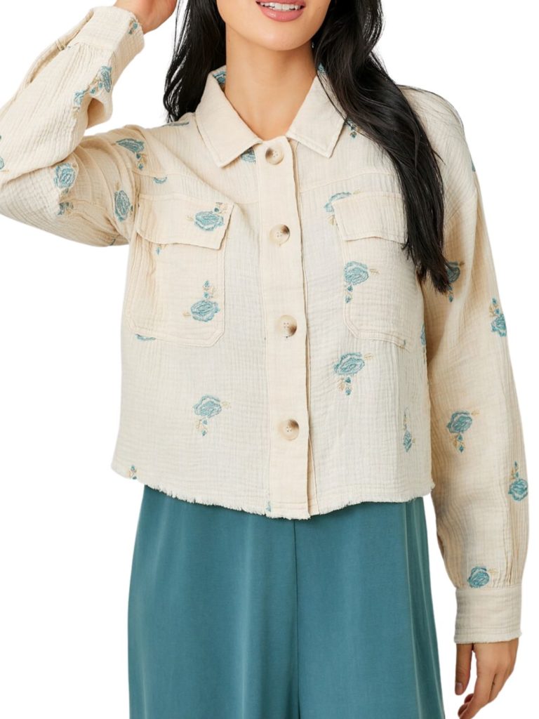 gauze embroidered jacket in almond