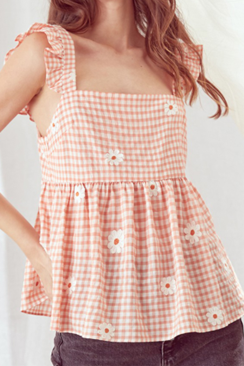 gingham daisy baby doll top in peach 88725