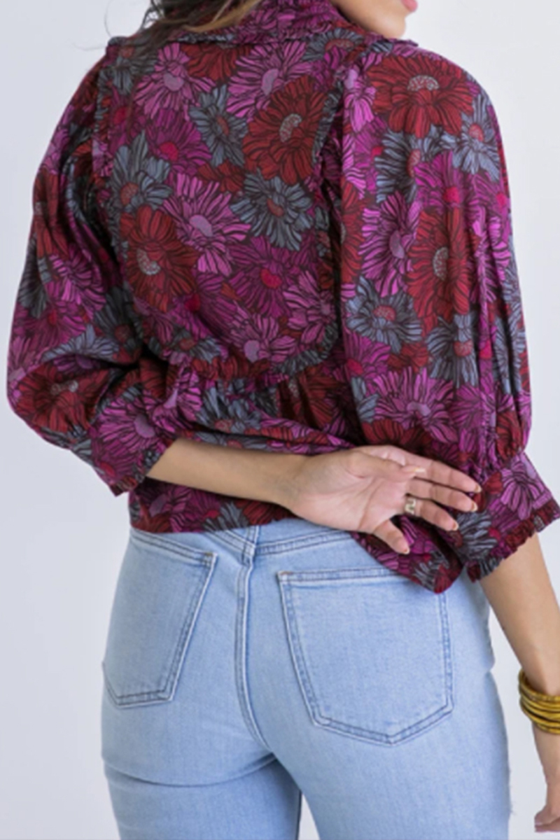 karlie button up floral puff sleeve top in magenta 98413