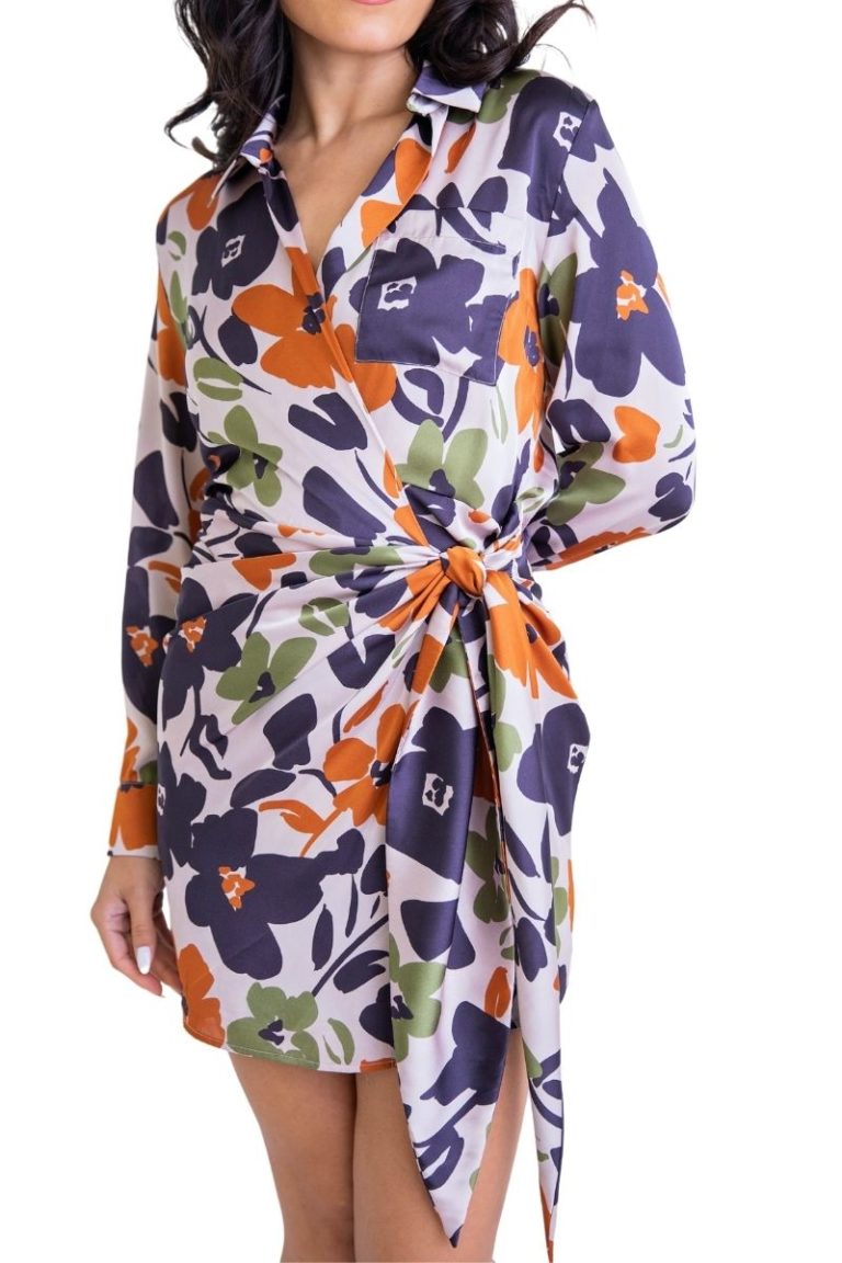 karlie floral wrap pocket dress in taupe
