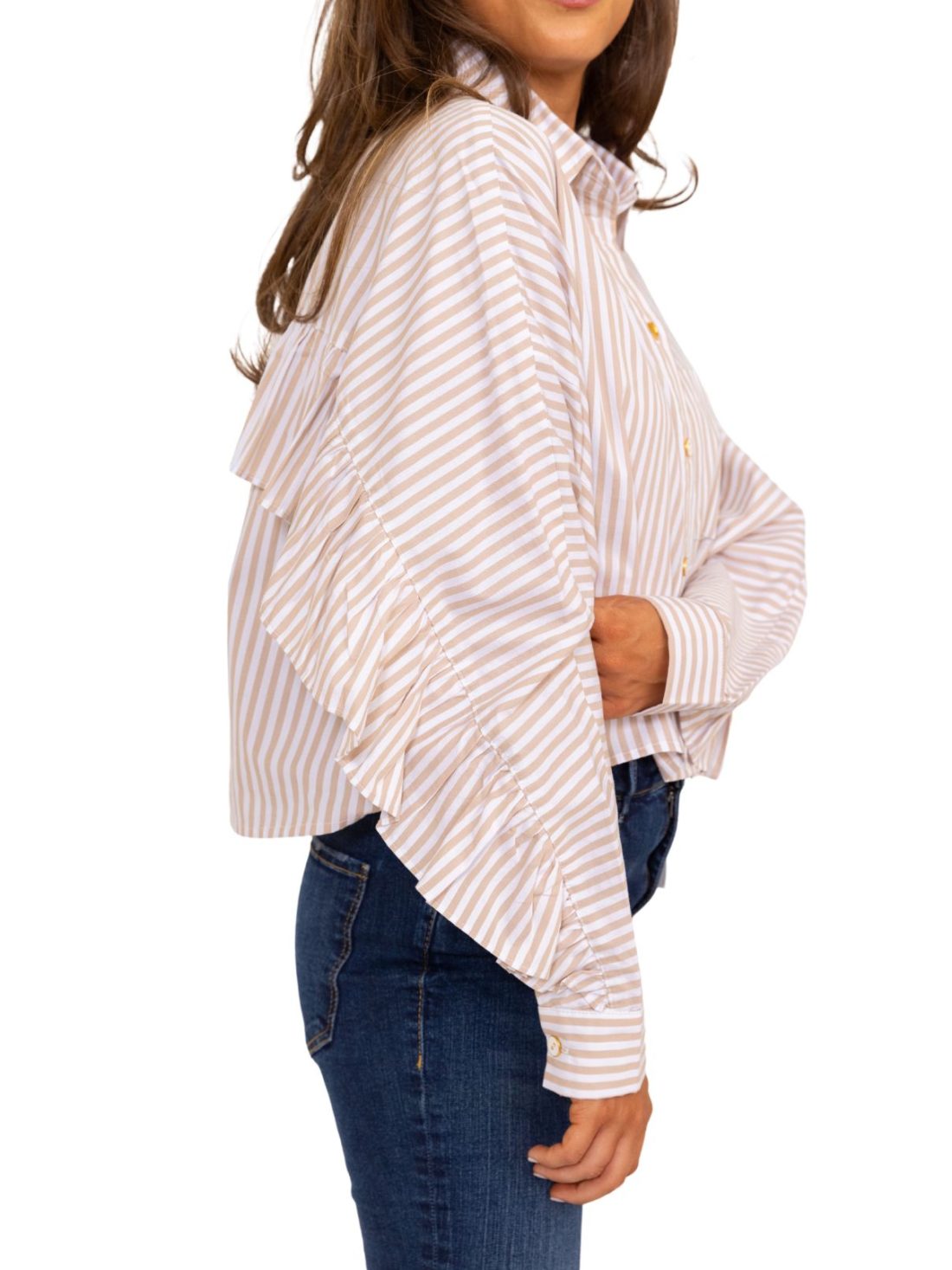 karlie poplin stripe blouse in tan