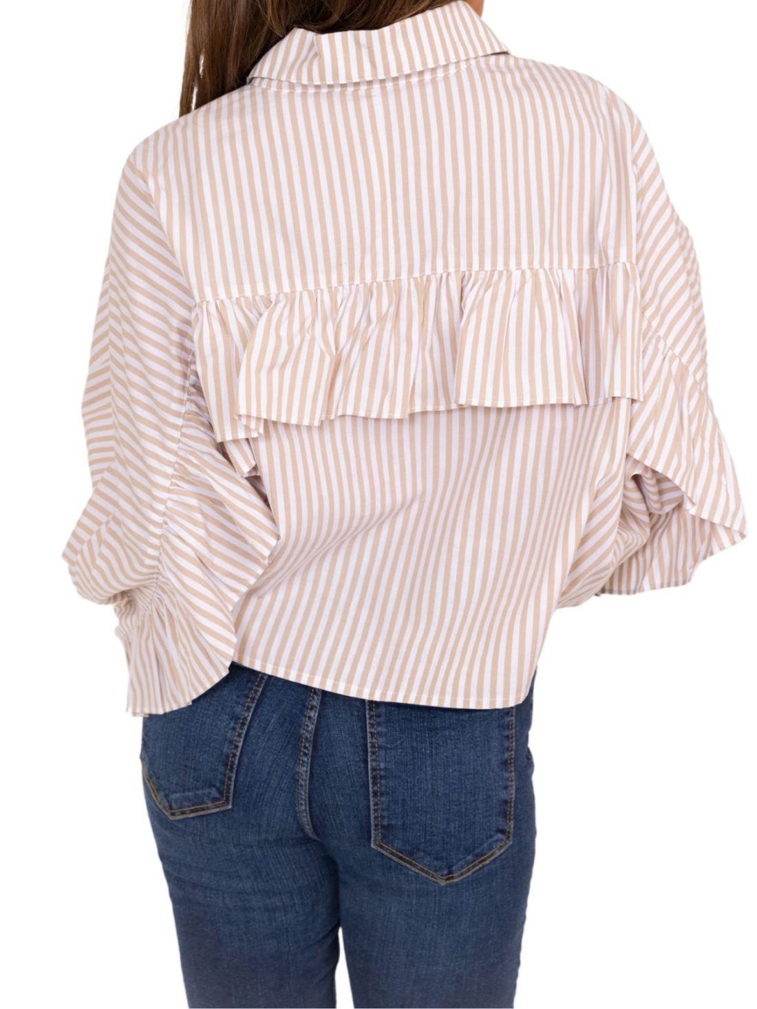 karlie poplin stripe blouse in tan