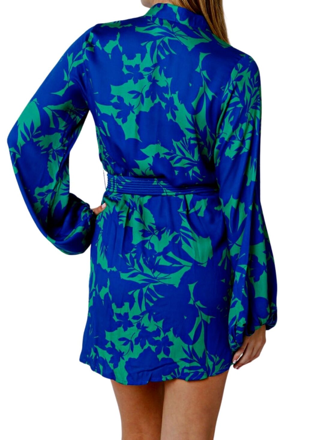 kelilah bubble sleeve dress in green/blue