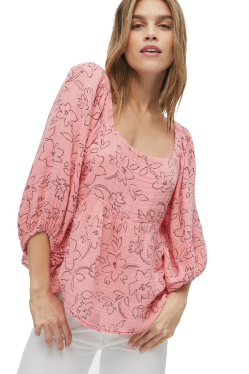 michael stars patsy puff sleeve top in pink cotton gauze 111760