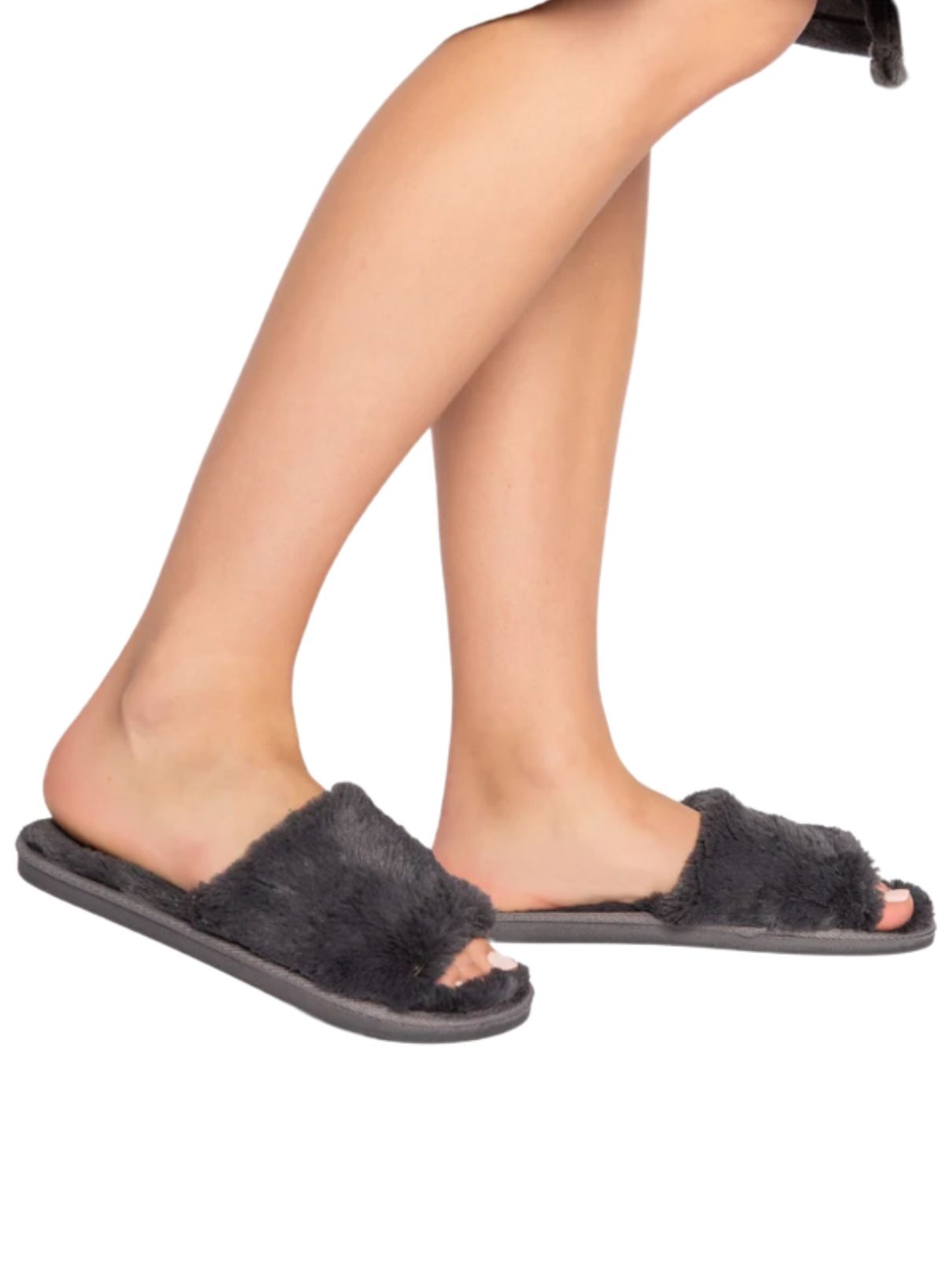 Women's Dark Grey Faux Fur Open-Toe Slipper – P.J. Salvage