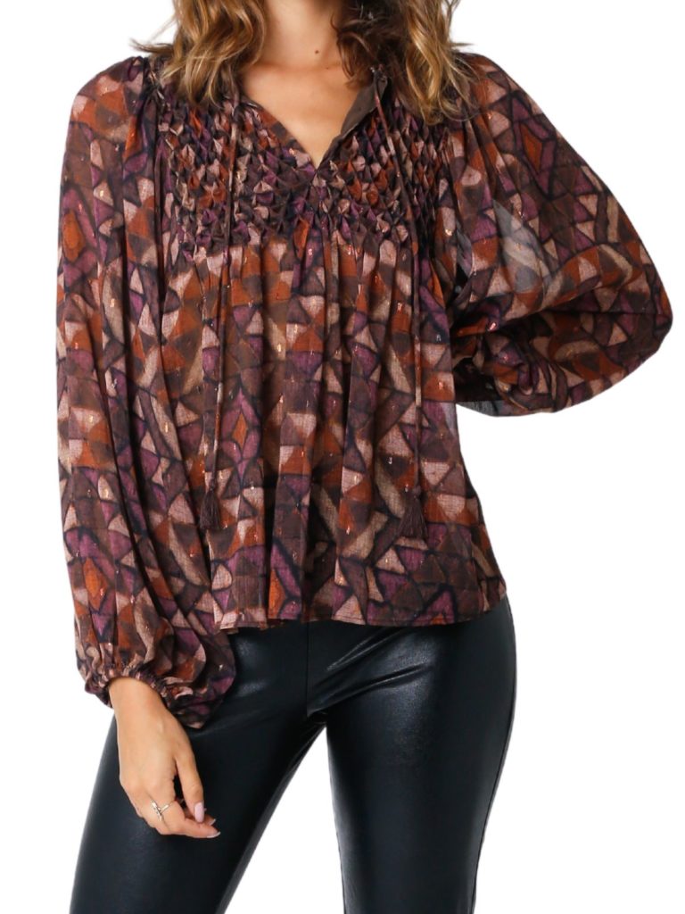 raven puff sleeve v neck top in brown/purple