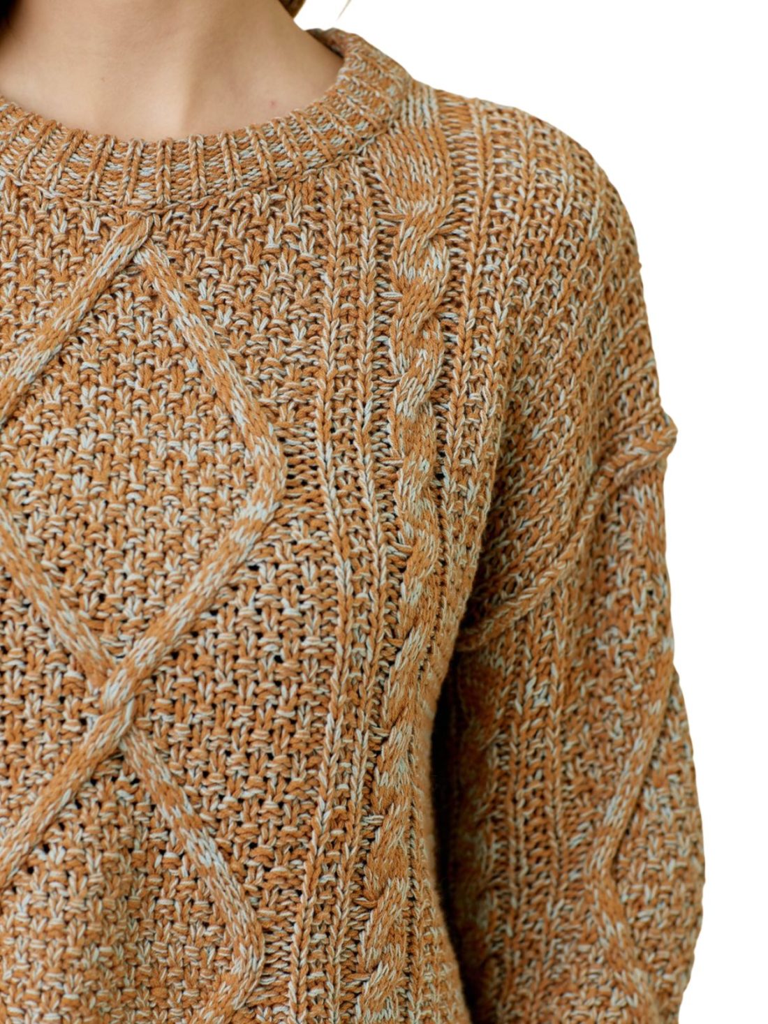 raw edge cable sweater in caramel