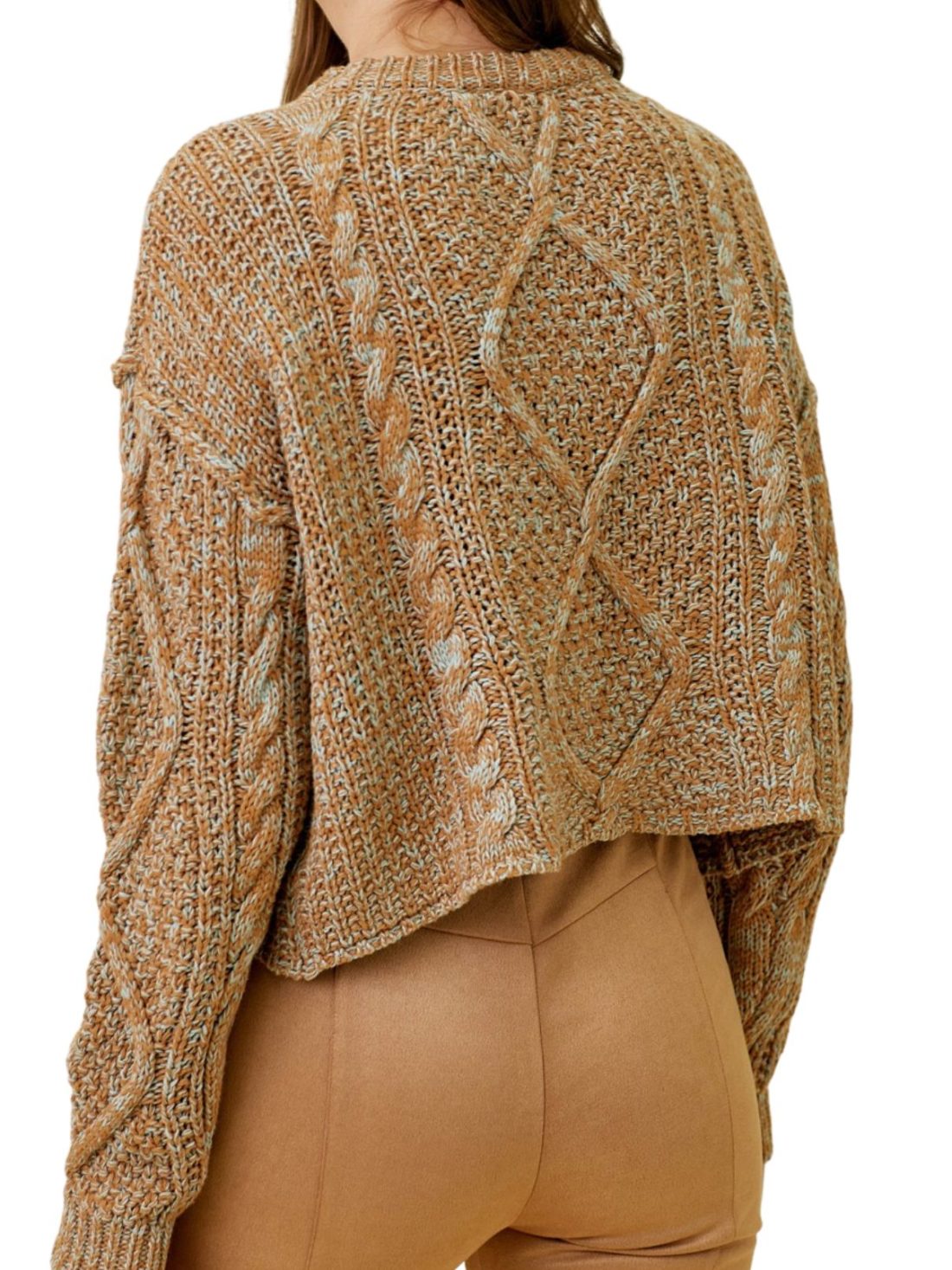 raw edge cable sweater in caramel