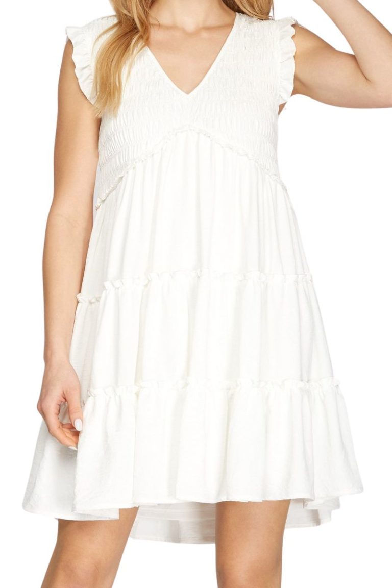 ruffle sleeveless dress in off white