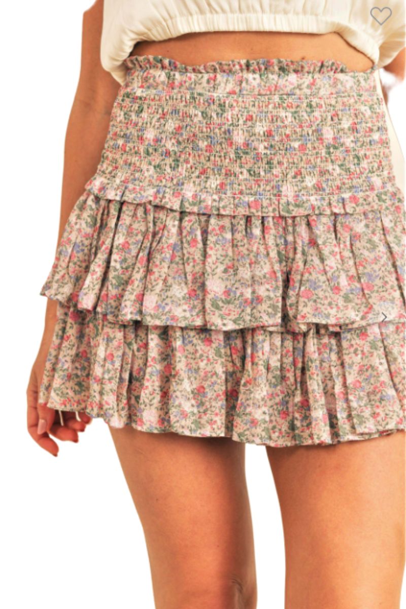 smocked mini skirt in sand floral 112001