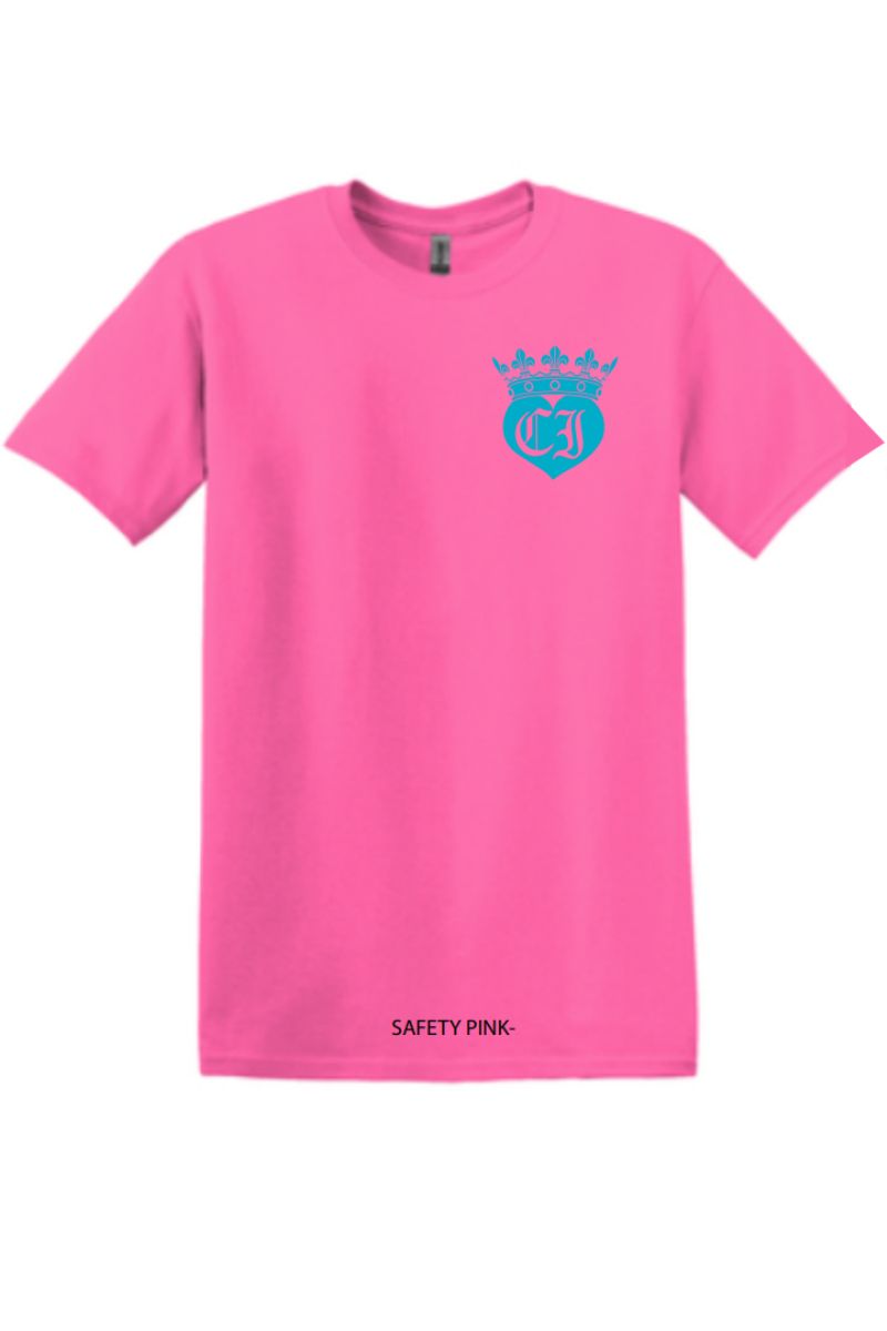 ss neon pink tee with tealwhite 112089
