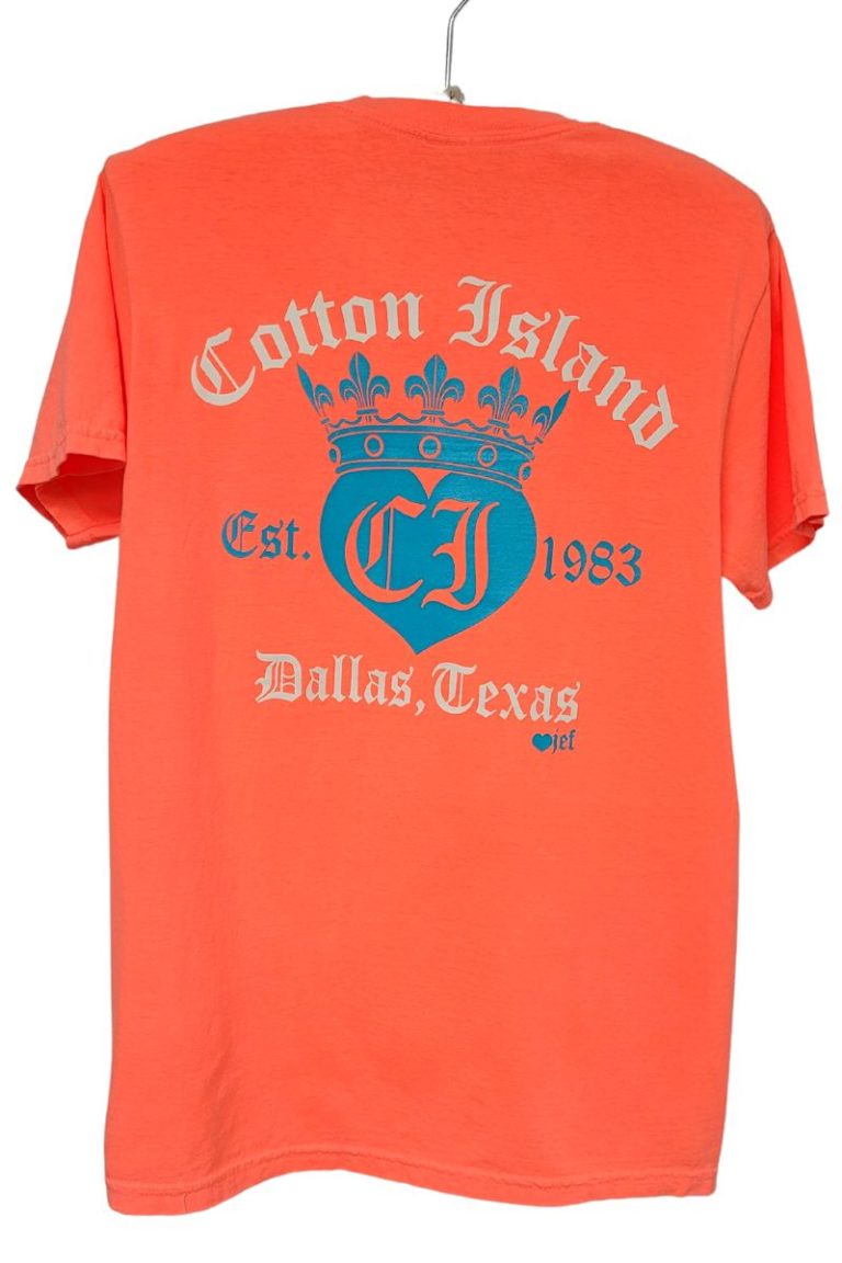 s/s neon red orange tee with teal/white 